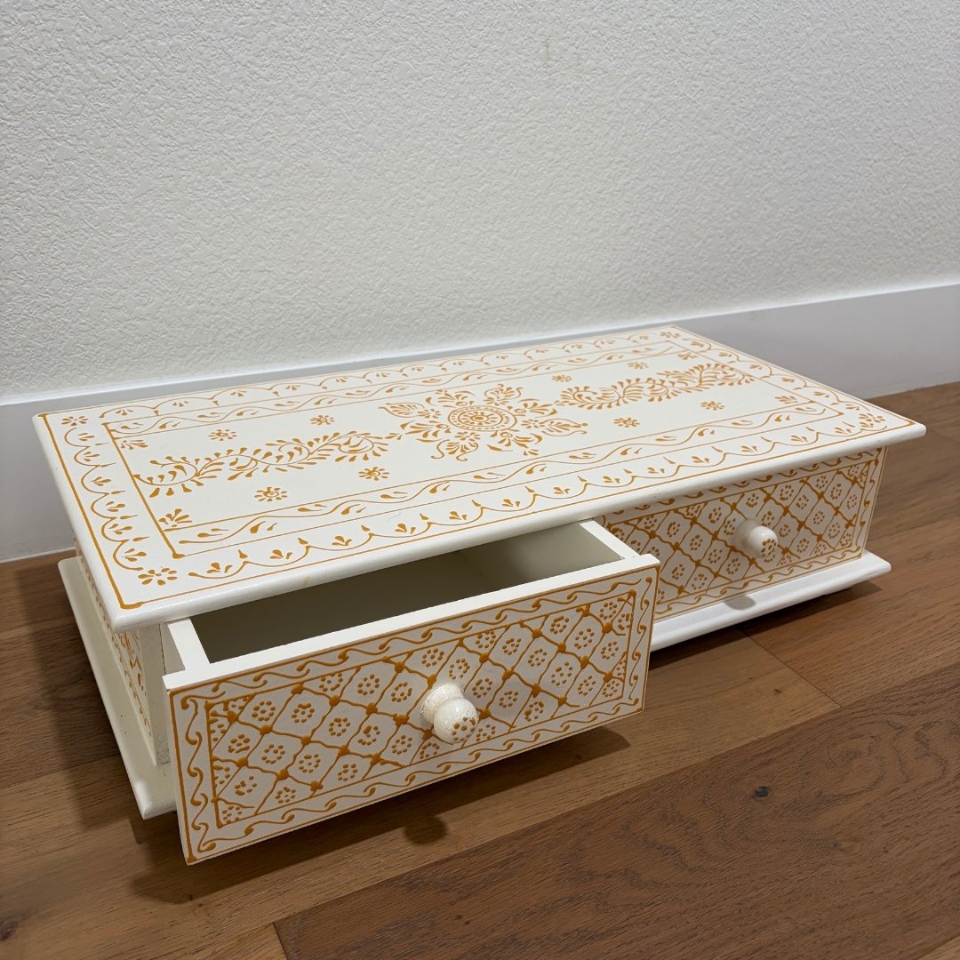 Side View of White & Gold Pooja Bajot with Drawers – Handcrafted Mango Wood, Elegant Home Decor Accent