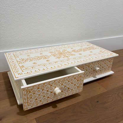 Side View of White & Gold Pooja Bajot with Drawers – Handcrafted Mango Wood, Elegant Home Decor Accent