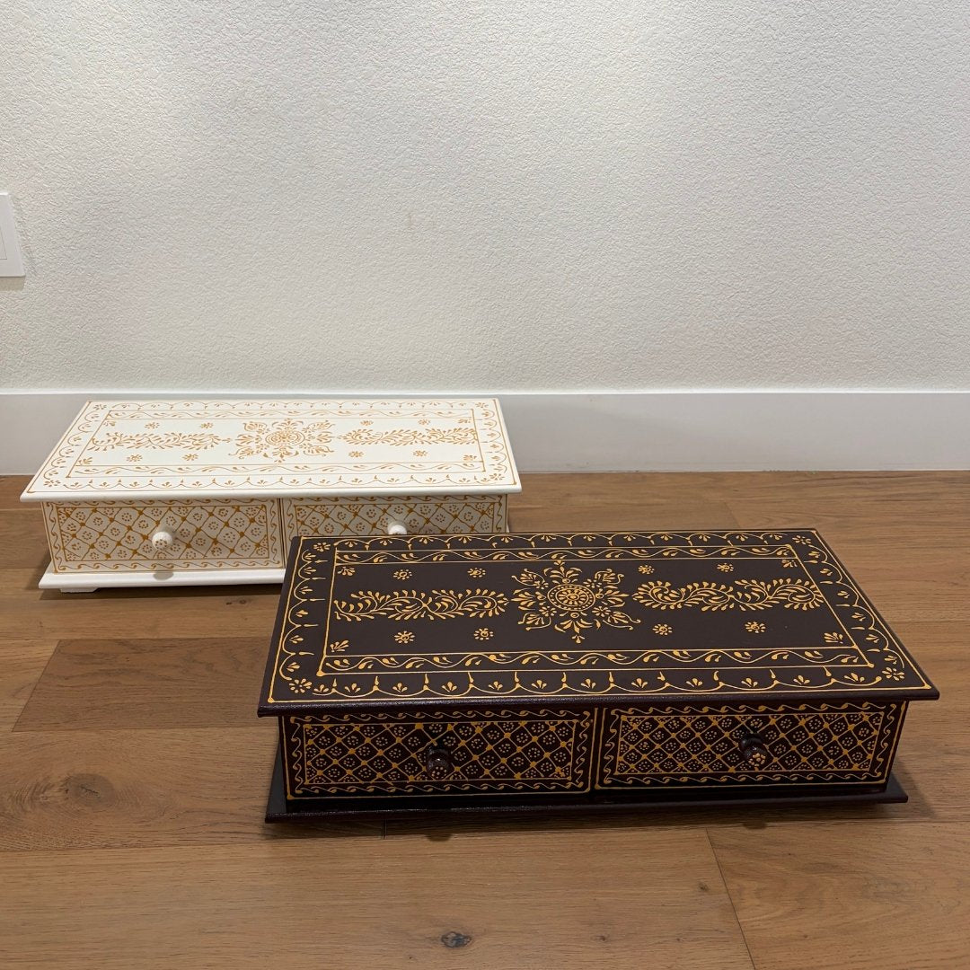 White & Gold Pooja Bajot with Two Storage Drawers – Handcrafted Mango Wood, Ideal for Urli Utsav Mandir