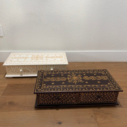 White & Gold Pooja Bajot with Two Storage Drawers – Handcrafted Mango Wood, Ideal for Urli Utsav Mandir