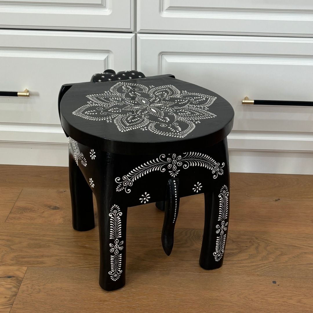 Black Elephant Stool Side Table - Boho Coffee Accent Table