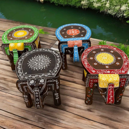 Four Side Tables - Wooden elephant stool with hand-carved details, perfect for a boho side table or coffee table