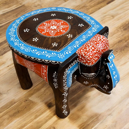 Brown Blue Elephant Stool - Kitchen room furniture, Top view of the wooden elephant stool showcasing its smooth round tabletop and natural finish