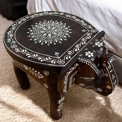 Round Table - Bed Room side Table, Top view of the wooden elephant stool showcasing its smooth round tabletop and natural finish