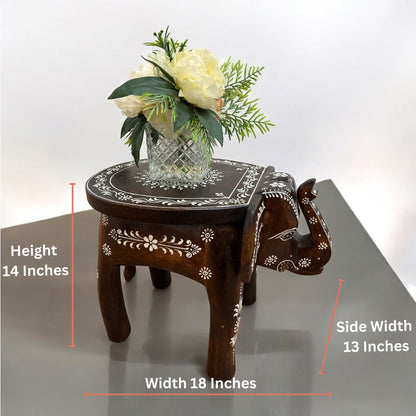 Brown Natural Elephant Stool - furniture specifications, Dimensions of the wooden elephant stool highlighting its use as functional decor, 14 inch height, 18 inches wide and 13 inches side width