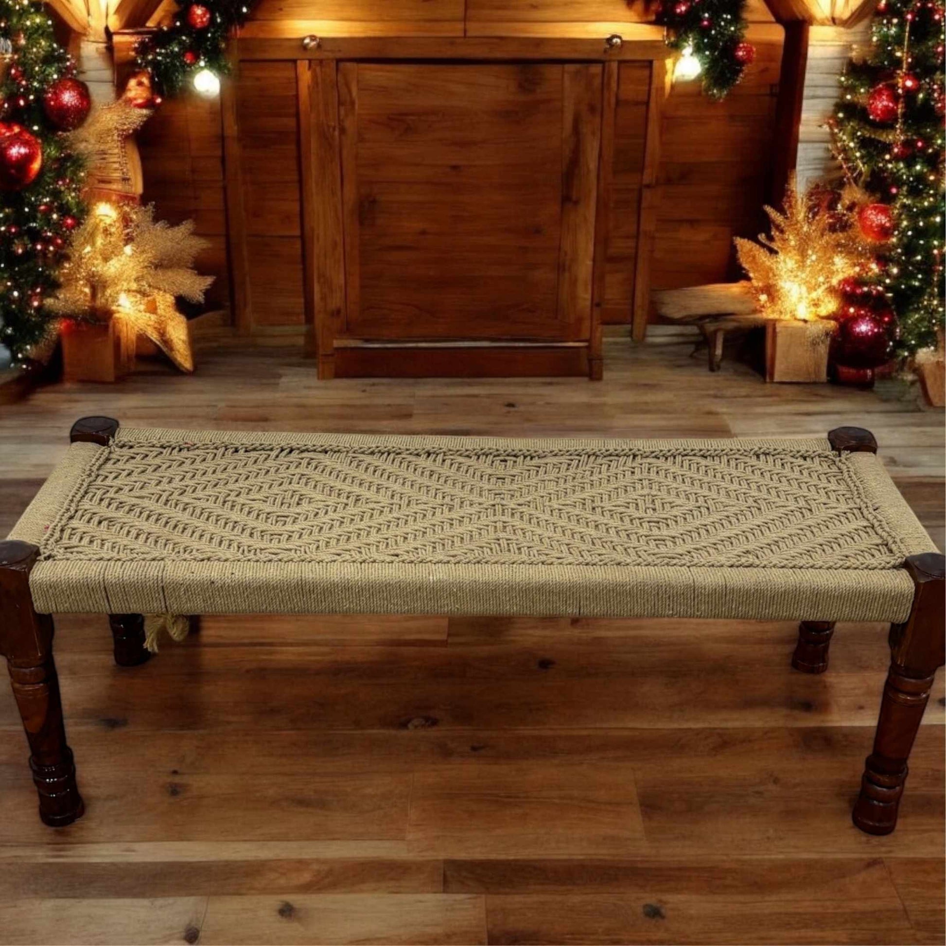 Handcrafted Charpai stool with intricately woven jute cord top, showcasing a clean and organic aesthetic.