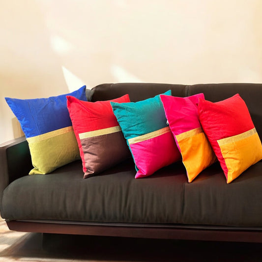 Indian Cushion Cover Set of 5 | Banarasi Katan Silk Throw Pillow Case