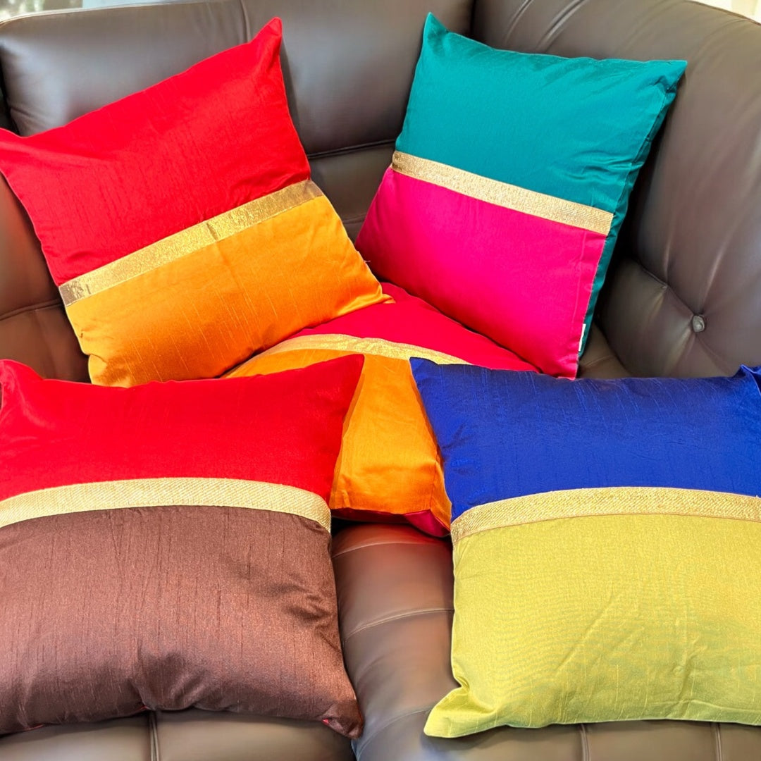 Indian Cushion Cover Set of 5 | Banarasi Katan Silk Throw Pillow Case