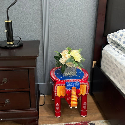 Handcrafted Elephant Stool Side Table – Red & Blue Accent