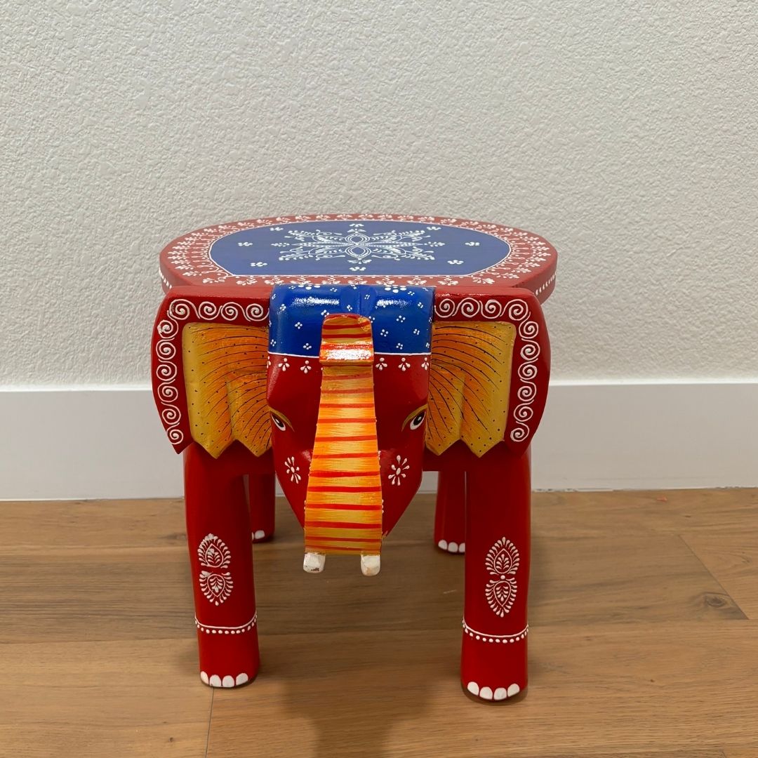 Handcrafted Elephant Stool Side Table – Red & Blue Accent