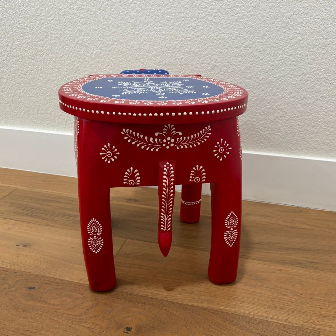 Handcrafted Elephant Stool Side Table – Red & Blue Accent