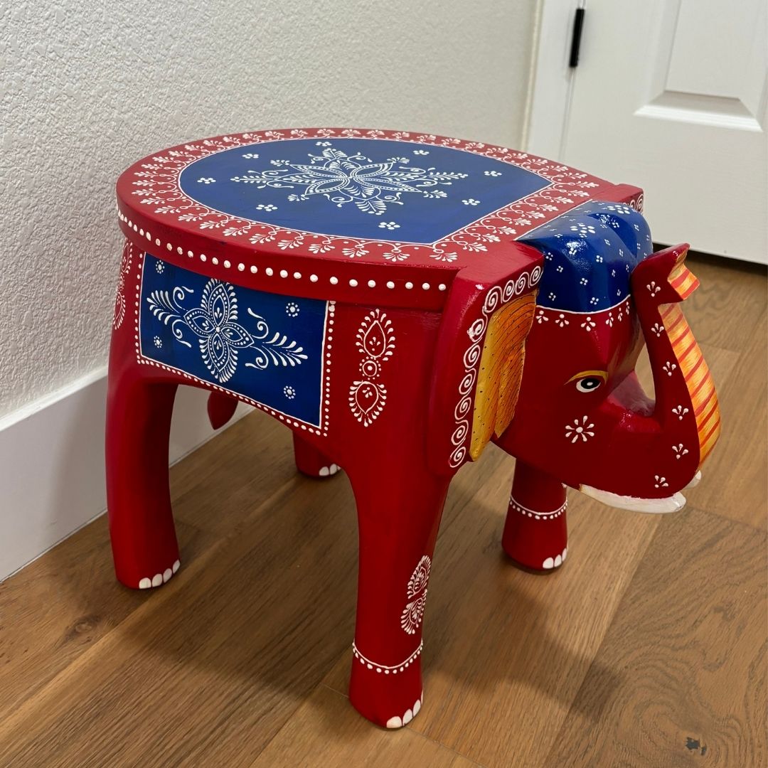 Handcrafted Elephant Stool Side Table – Red & Blue Accent