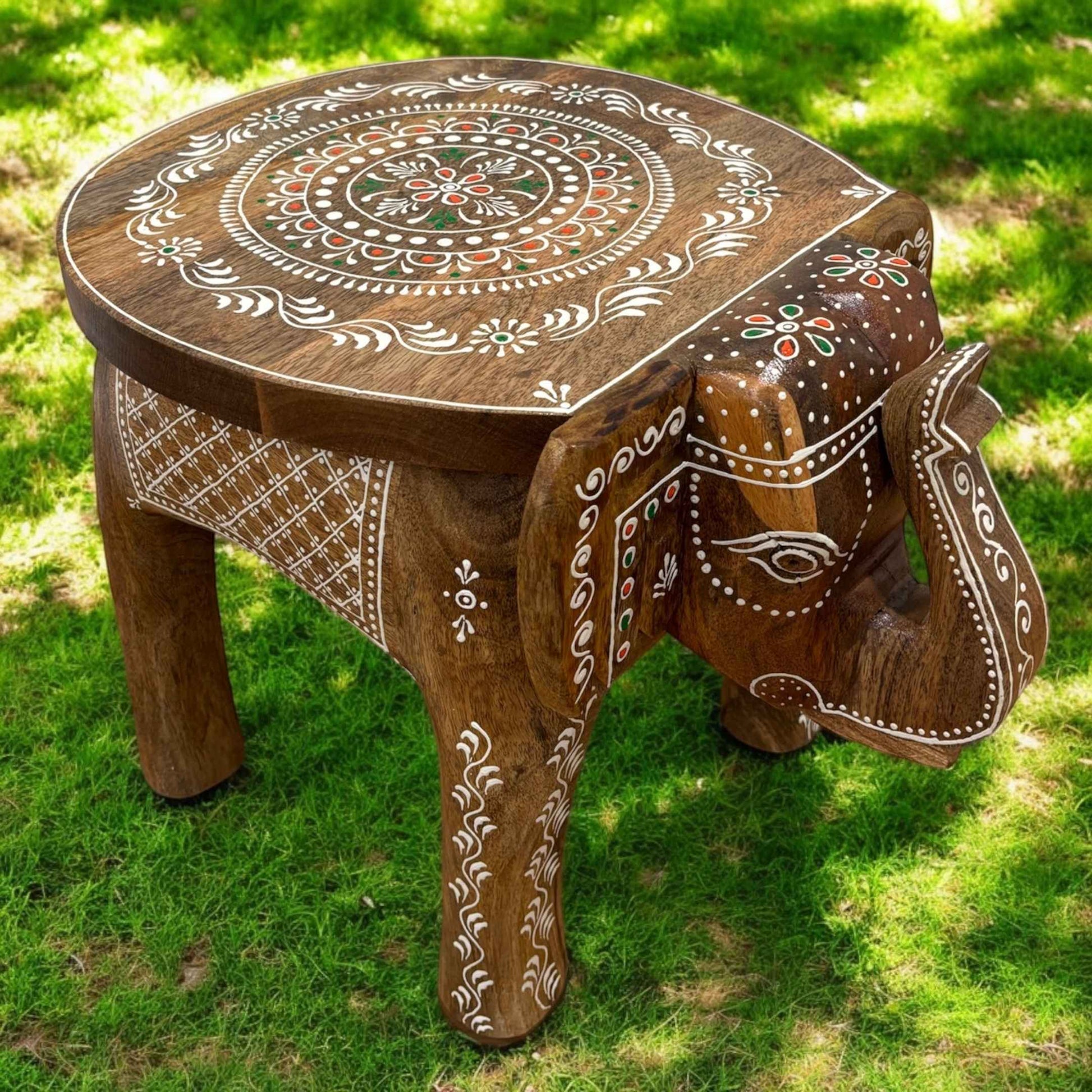 Natural Wood Elephant Stool - Boho Side Table & Coffee Table, Natural wood finish with detailed elephant carvings, adding a rustic bohemian charm
