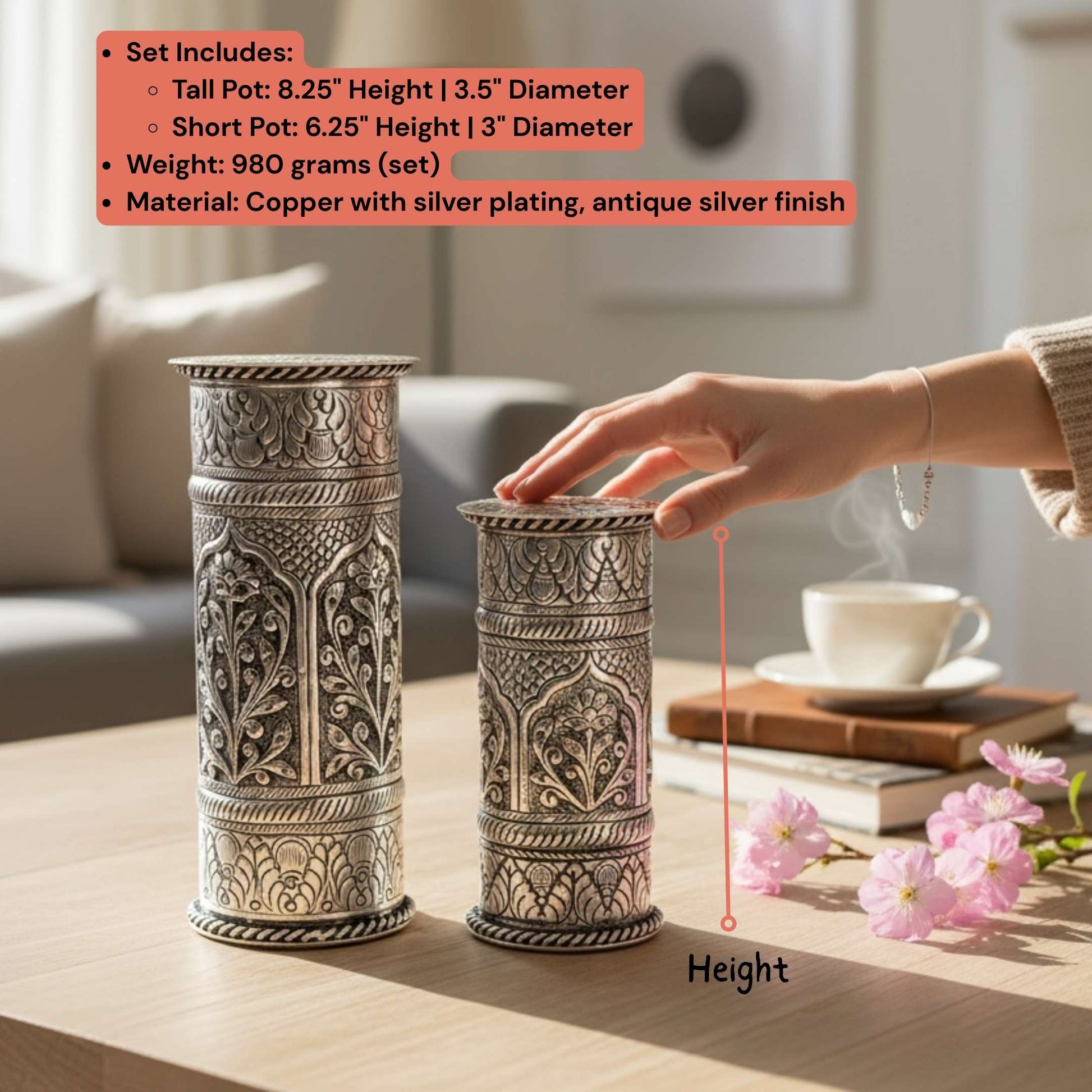 Luxury antique silver finish flower pots with lids; 8.25-inch and 6.25-inch decorative metal vessels for wedding gifting.