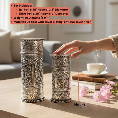 Luxury antique silver finish flower pots with lids; 8.25-inch and 6.25-inch decorative metal vessels for wedding gifting.