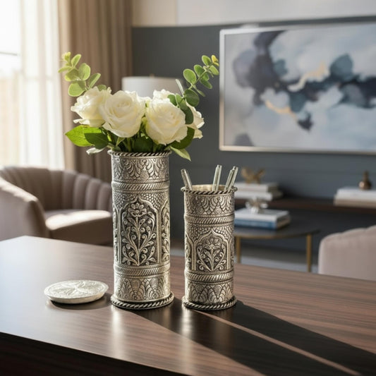 Handcrafted Antique Silver Flower Pot with Lid Set - Pair of Tall and Short Indian Decorative Vases for Pooja and Home Decor