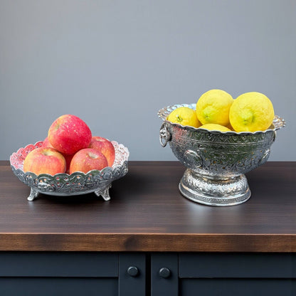 Antique silver fruit bowl with apples and lemons on wooden surface – German silver centerpiece