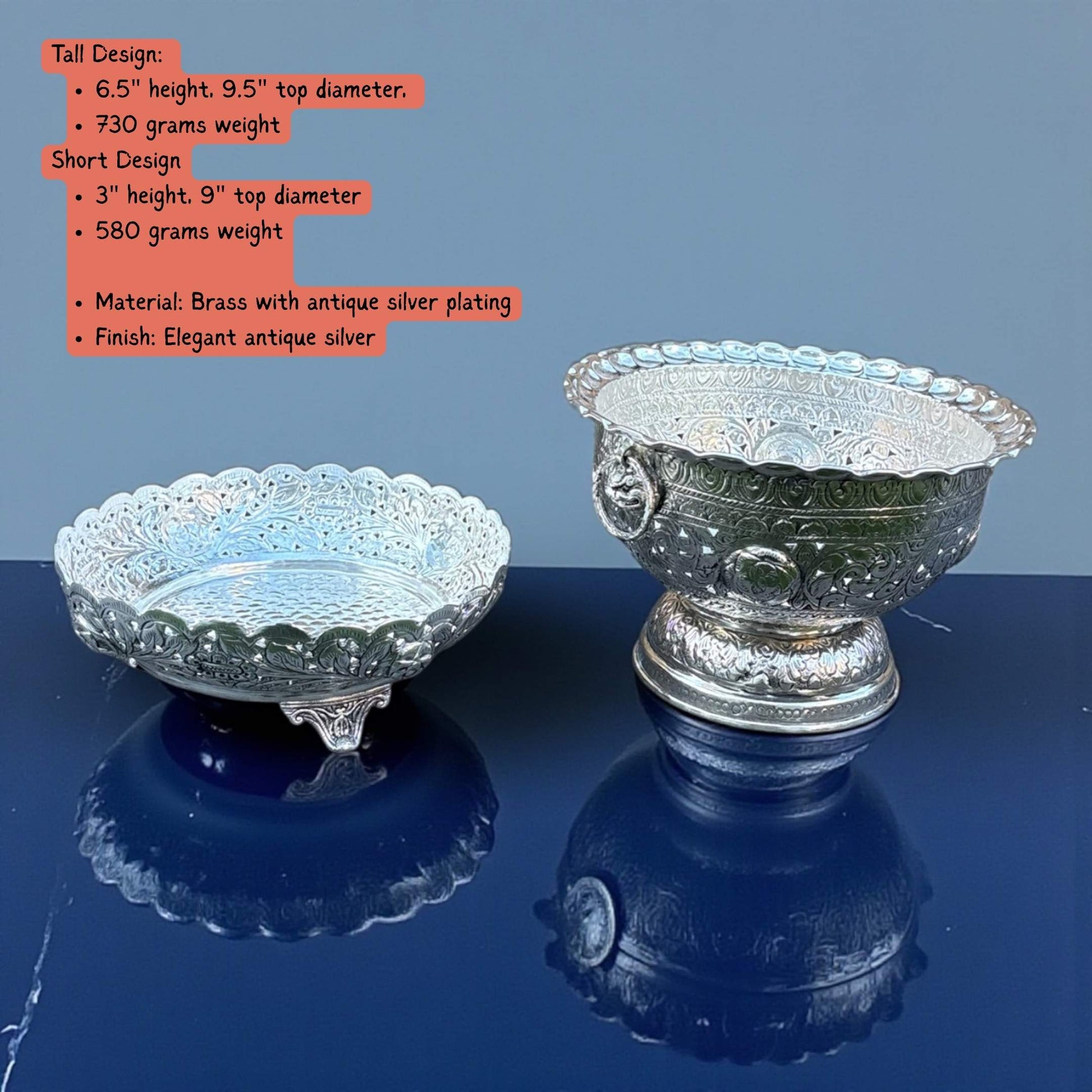 Two decorative fruit bowls with specifications graphic – German silver Urli Utsav decor