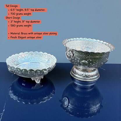 Two decorative fruit bowls with specifications graphic – German silver Urli Utsav decor