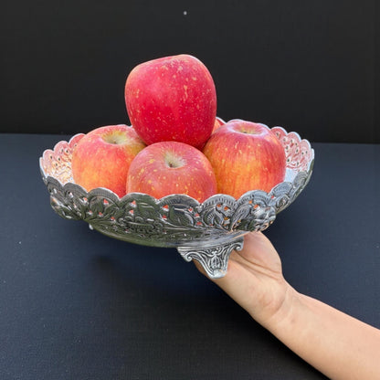 Antique silver fruit bowl with apples and lemons on wooden surface – German silver centerpiece