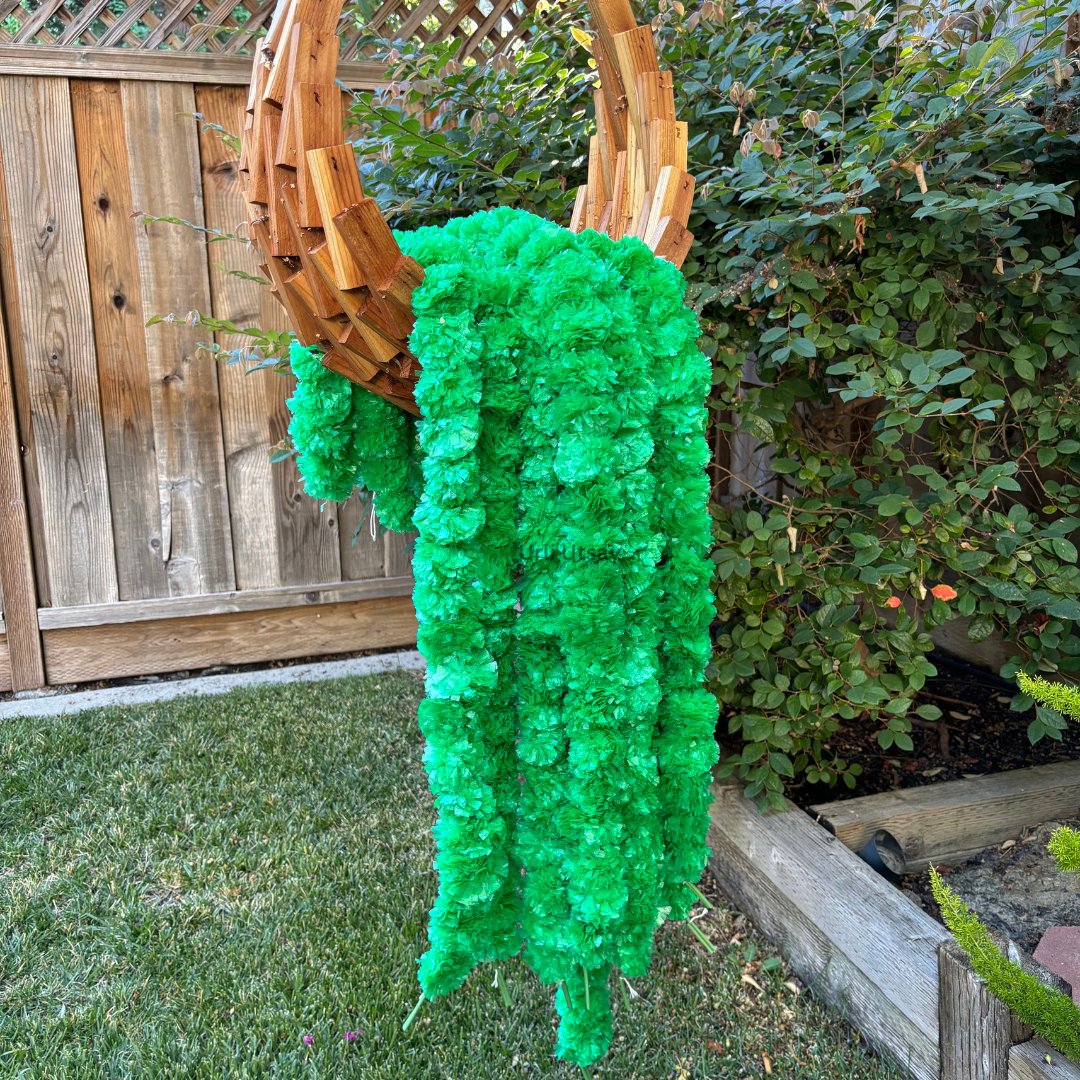 Green artificial marigold garlands set of ten adding colorful ethnic charm to wedding and party backdrops 