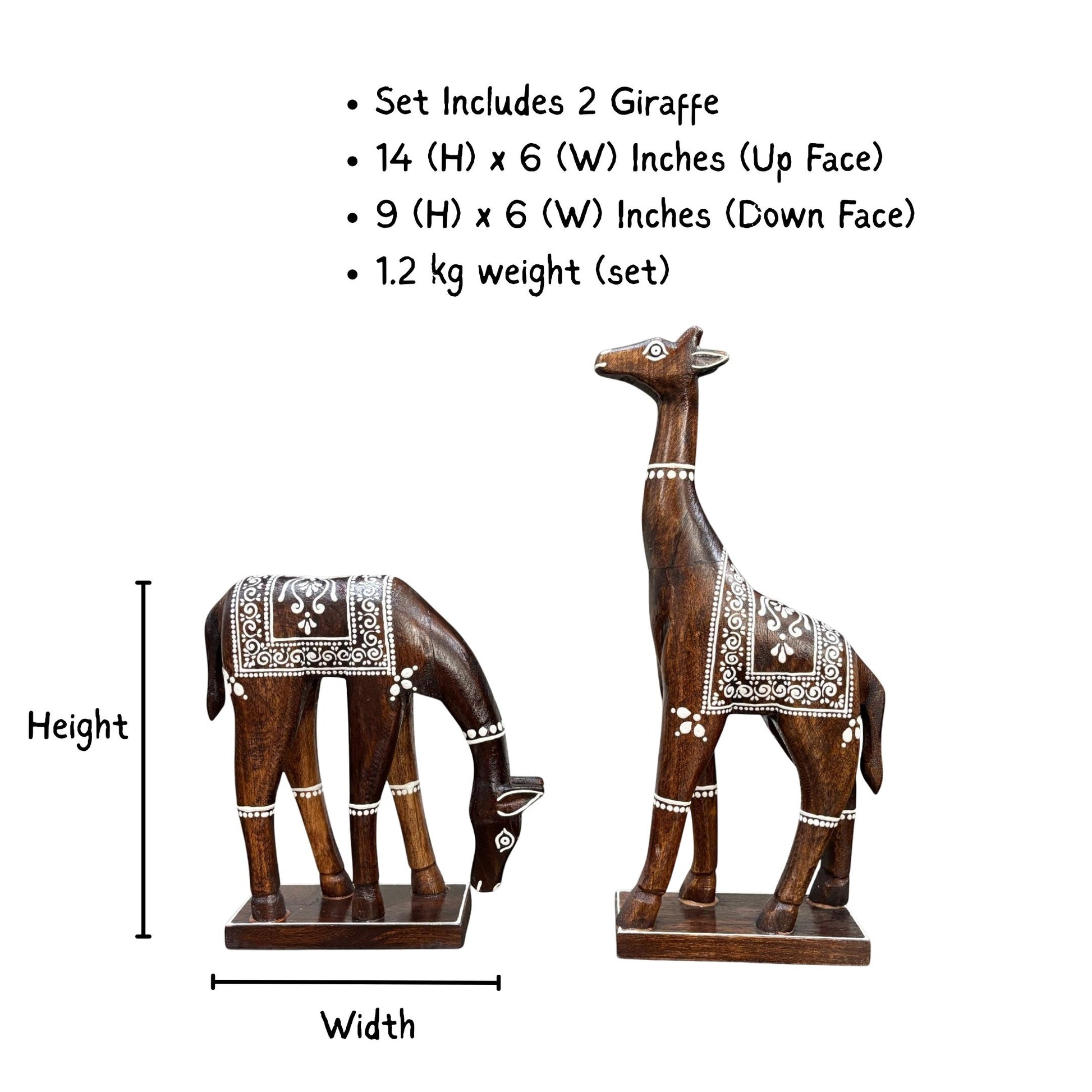 Measurement guide for the handpainted wooden giraffe set, detailing the 14.5-inch and 9-inch heights of these mango wood statues