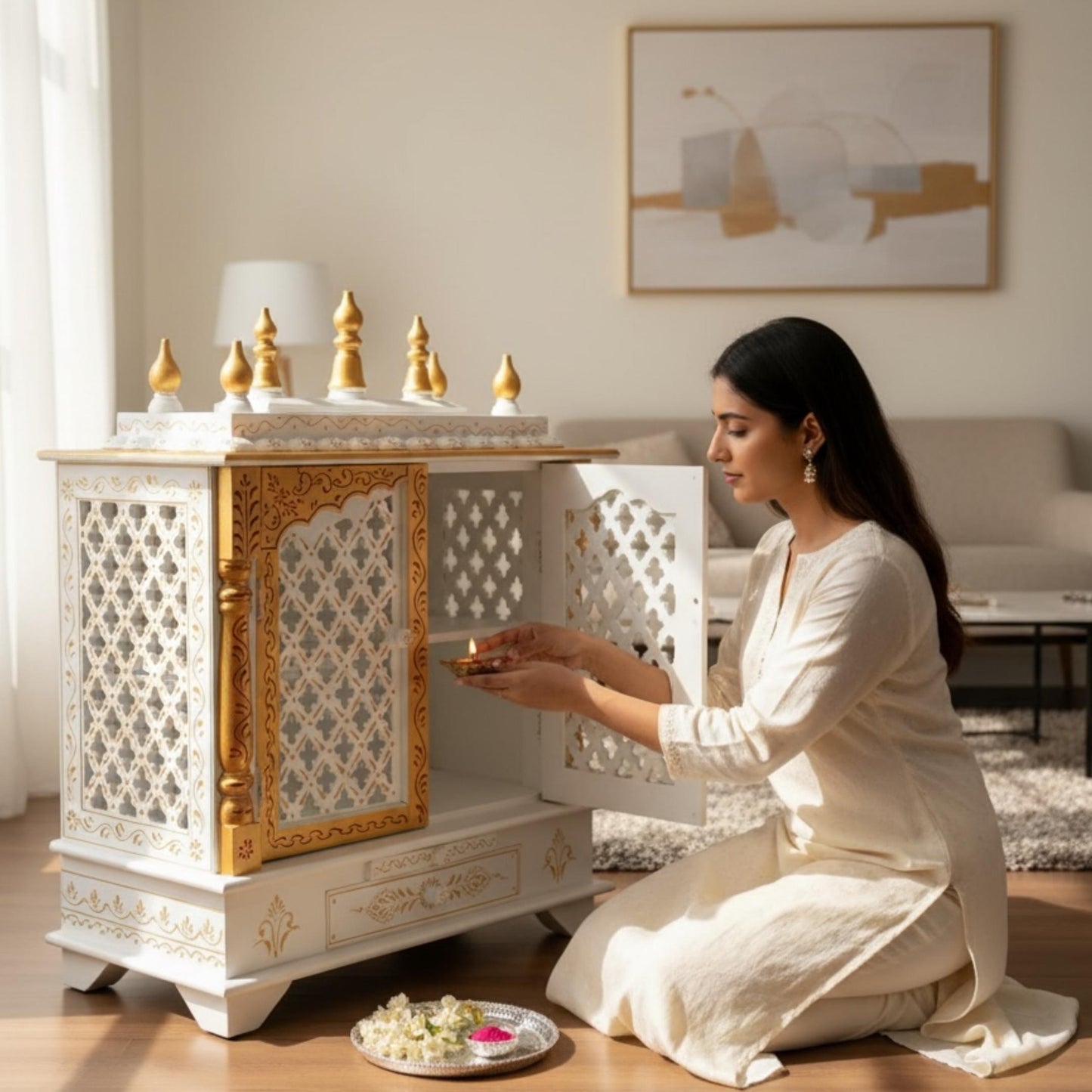 Woman performing a ritual in a decorated room with a white and gold pooja temple.