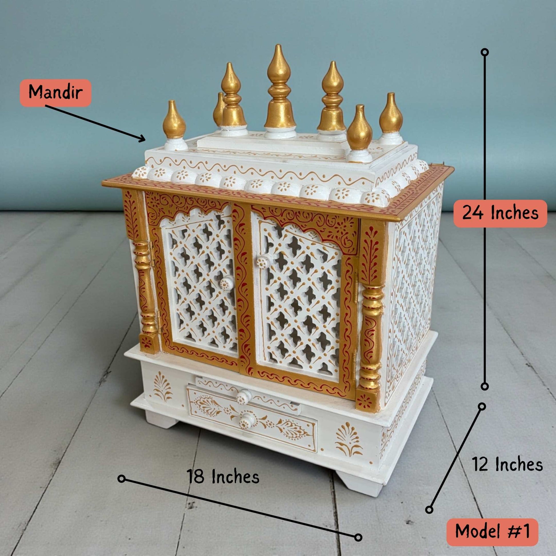 24.5×18×12″ compact white and gold wooden pooja mandir with intricate detailing – home prayer temple