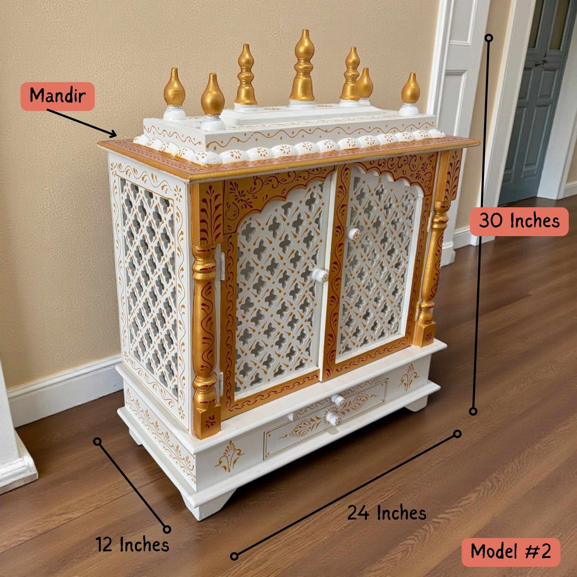 30×24×12″ large white and gold wooden pooja mandir with intricate detailing – home prayer temple