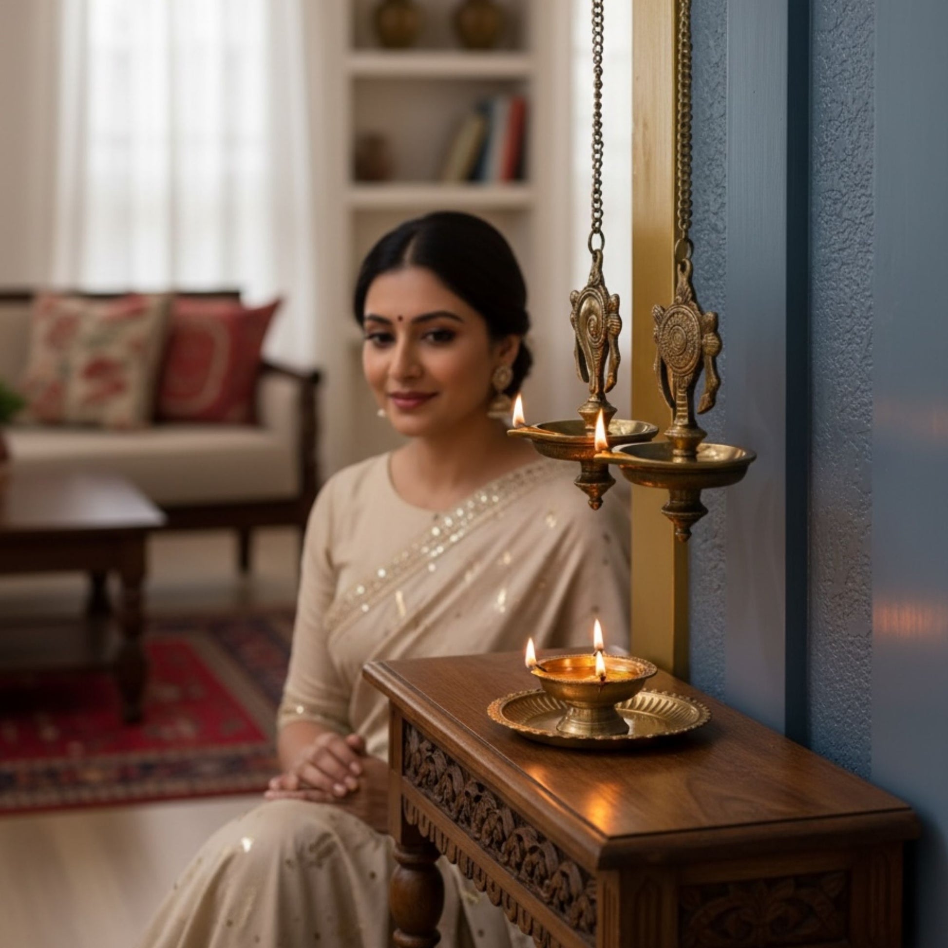 A pair of Shankh Chakra brass hanging diyas with 14-inch chains displayed in a sacred pooja room to create a divine and tranquil ambiance.