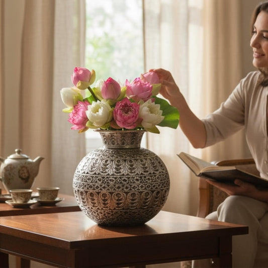 9.5-inch Antique Silver Matka Vase by Urli Utsav, handcrafted copper with silver plating for traditional Indian home decor.