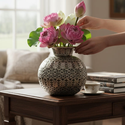 Large antique silver matka pot displayed on a console table to demonstrate its 9.5-inch height and traditional water vessel silhouette.