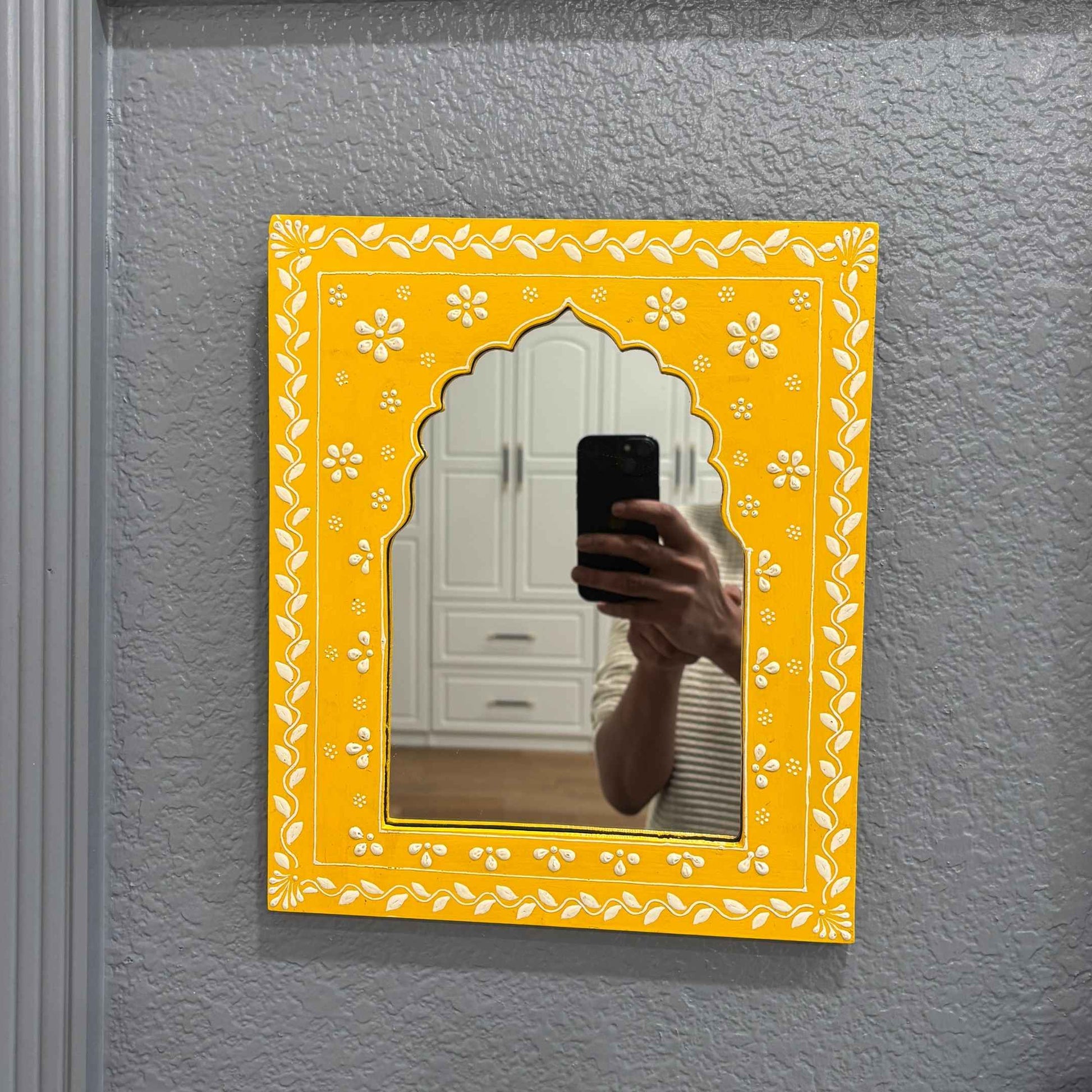 12x10-inch Yellow Jharokha mirror by Urli Utsav, showing the mounting hardware and craftsmanship