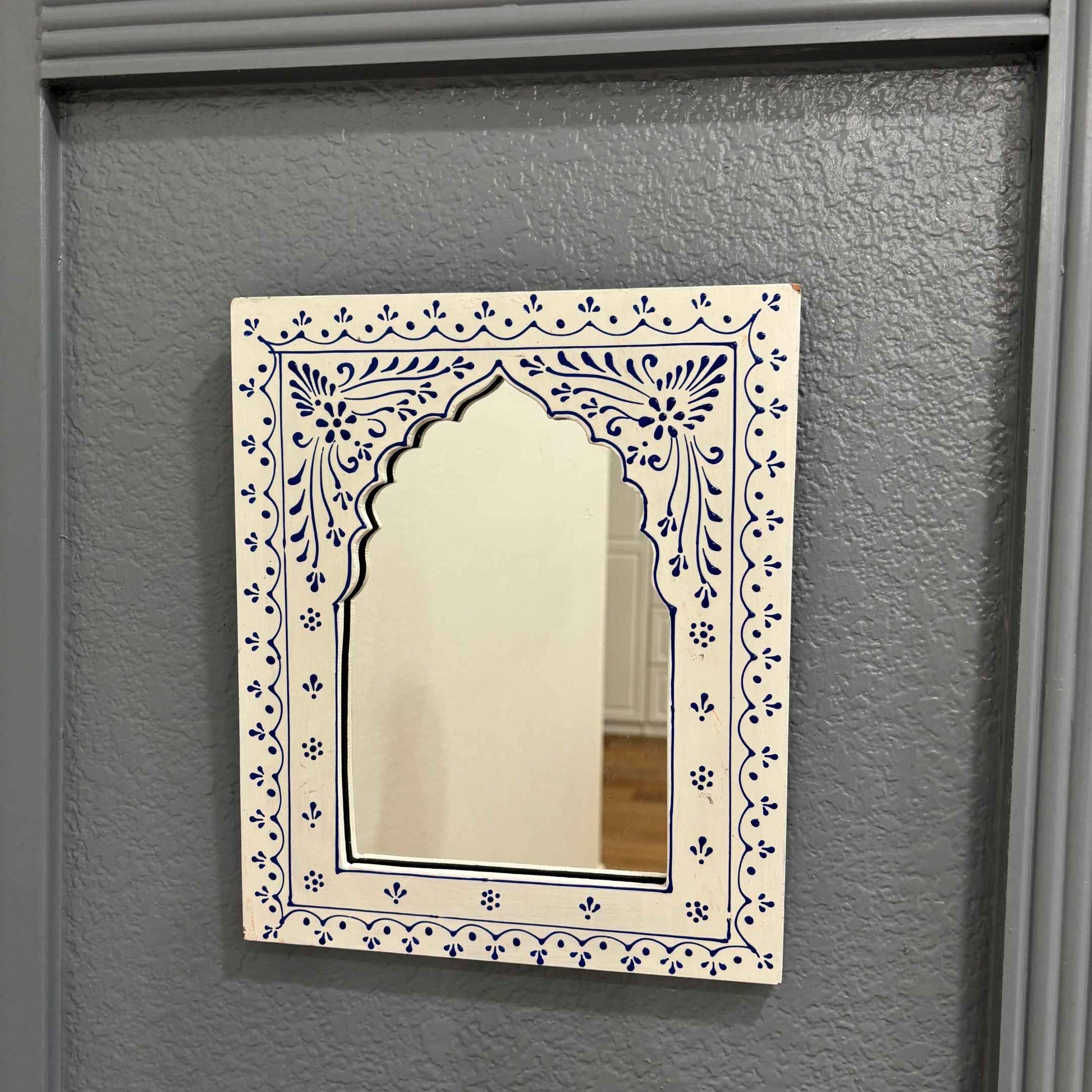 12x10-inch White Jharokha mirror from Urli Utsav in a staged environment, providing context for its decorative use