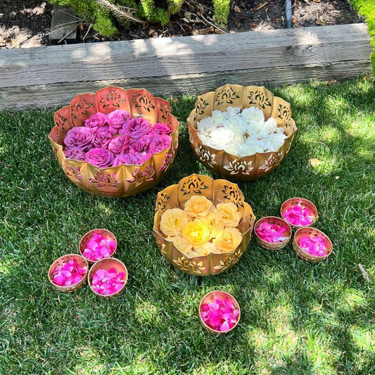 Lotus Motif Jumbo Urli Bowl Set – 13-Piece Wedding & Diwali Centerpiece