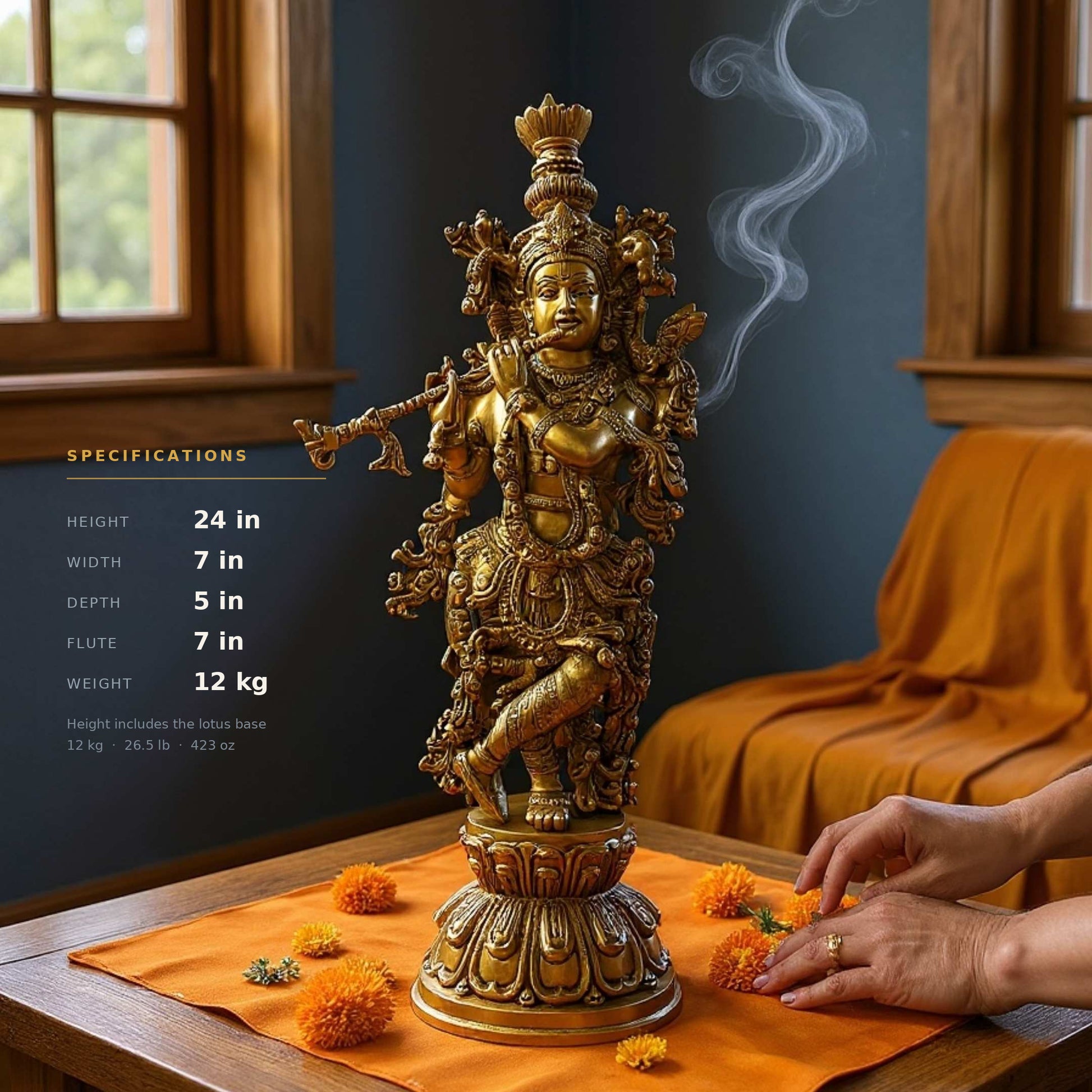 Specification overlay on the brass Krishna statue: height 24 inches including the lotus base, width 7 inches, depth 5 inches, flute length 7 inches, weight 12 kg or about 26.5 lb.