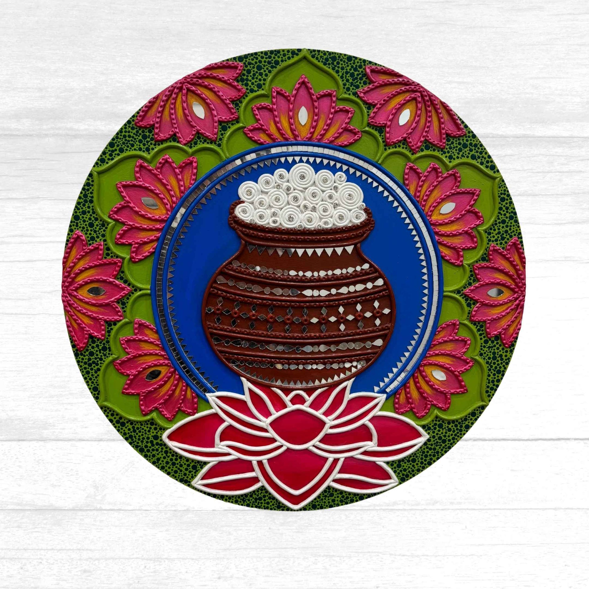 Handmade 18-inch Dahihandi Matki Lippan wall art with intricate mud and mirror work, inspired by Krishna's playful butter pot tradition.