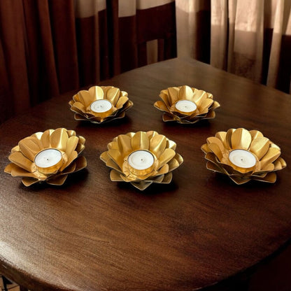 Lotus Utsav T-light Holder Set – 5 Gold Metal Diwali Diyas