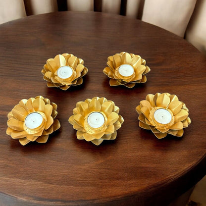 Lotus Utsav T-light Holder Set – 5 Gold Metal Diwali Diyas