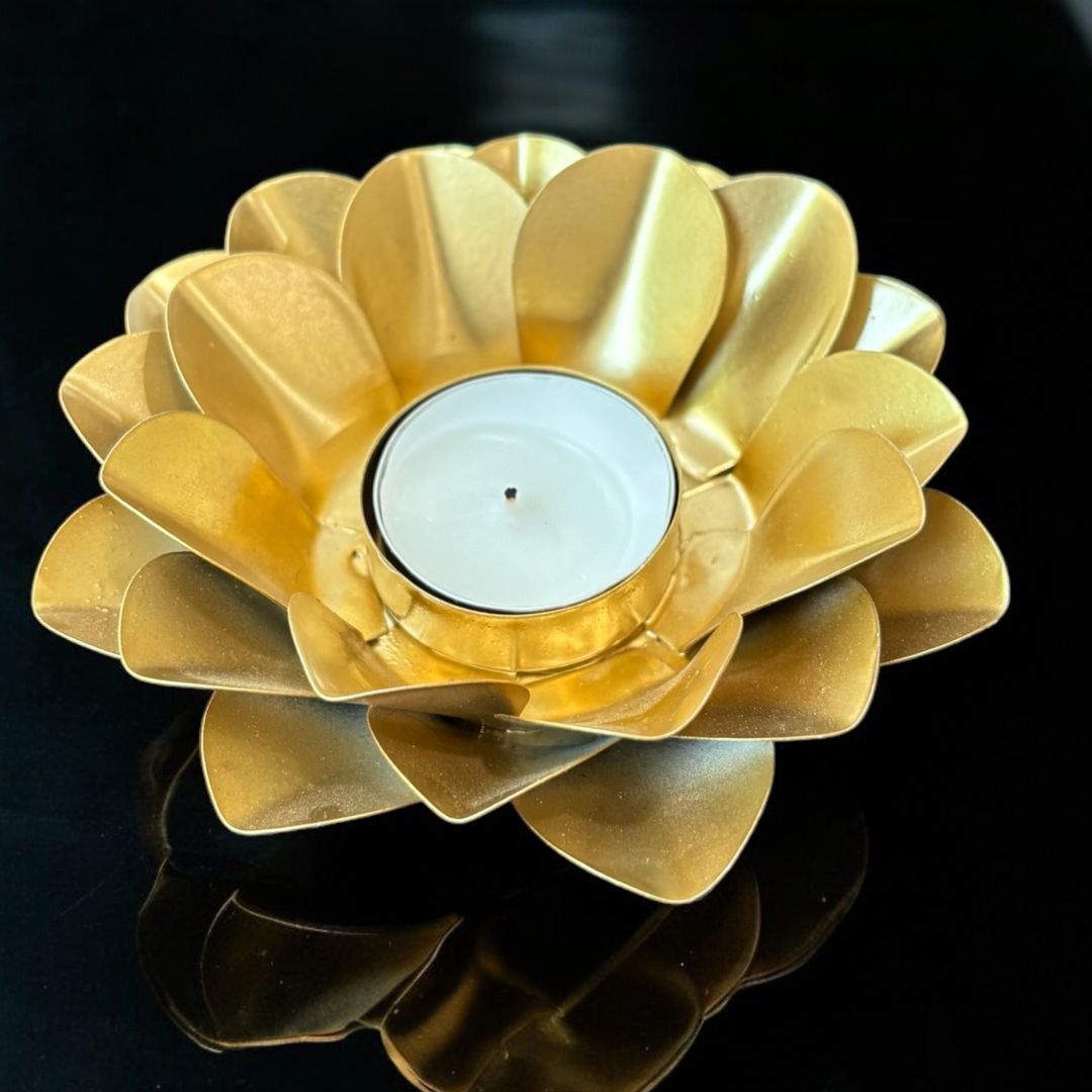 Lotus Utsav T-light Holder Set – 5 Gold Metal Diwali Diyas