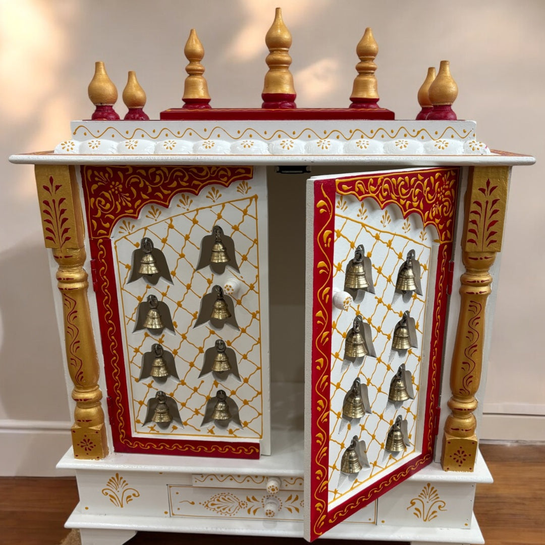 White Temple with Brass Bells & Doors – Urli Utsav Pooja Mandir