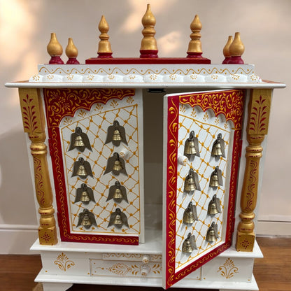 White Temple with Brass Bells & Doors – Urli Utsav Pooja Mandir