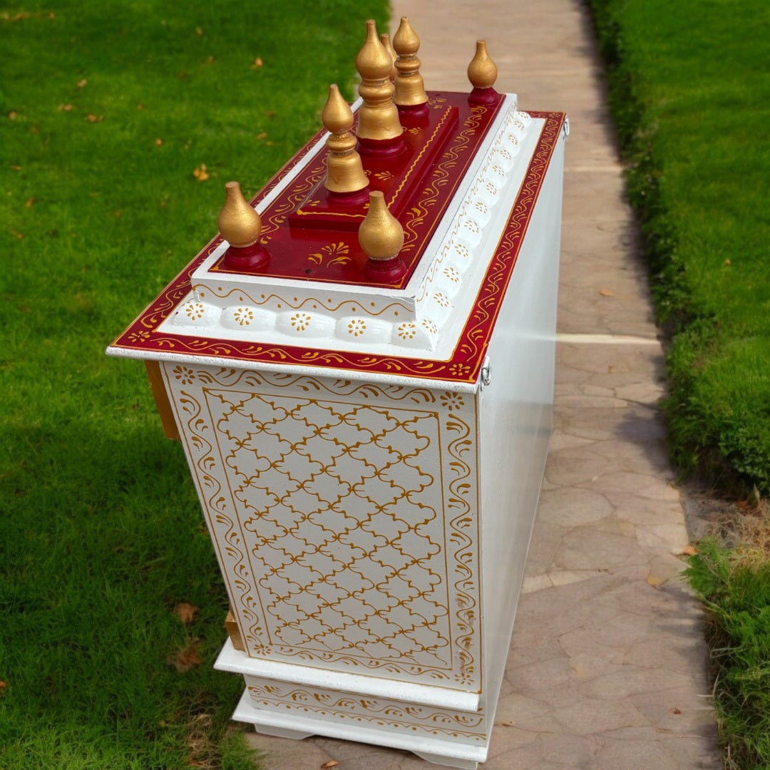 White Temple with Brass Bells & Doors – Urli Utsav Pooja Mandir