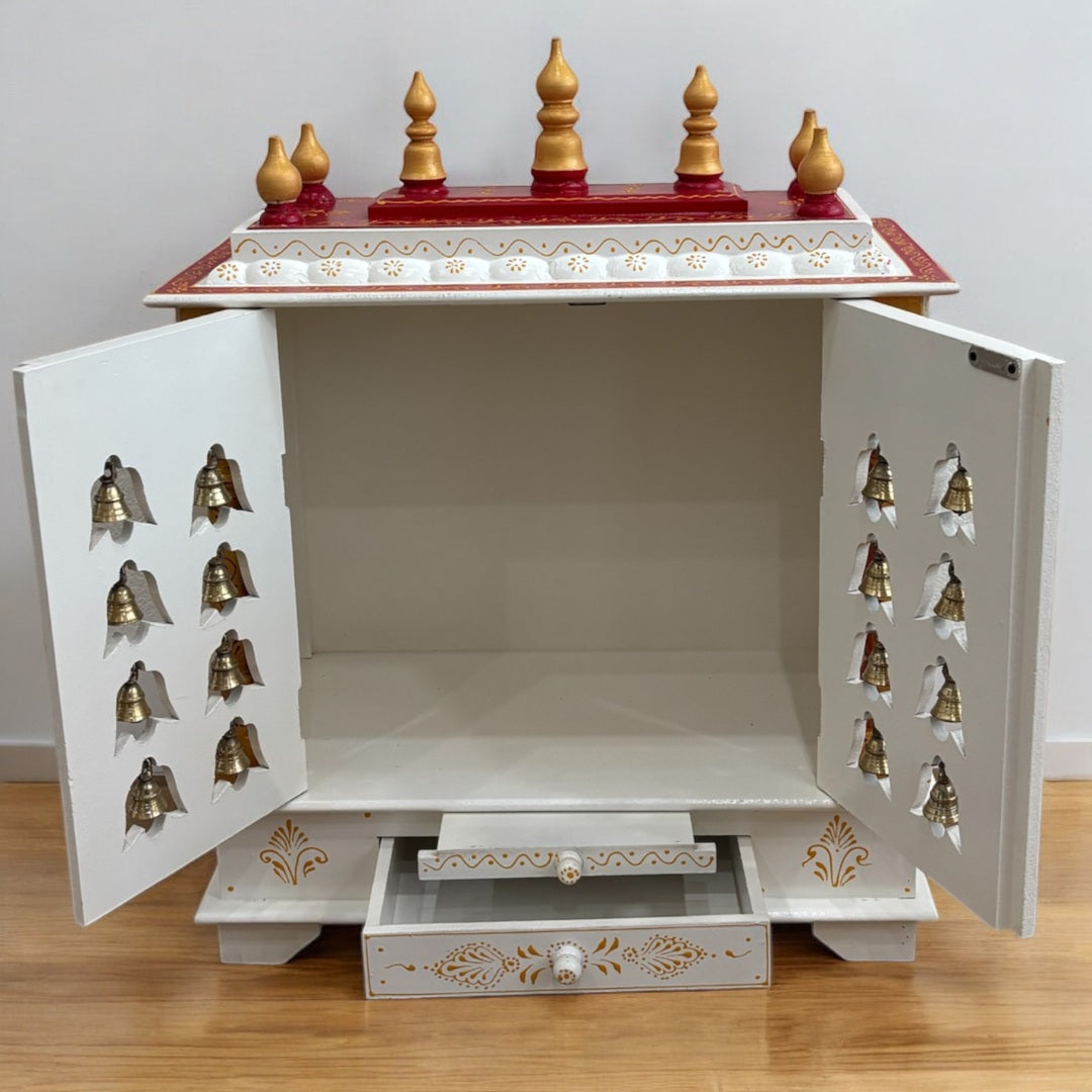 White Temple with Brass Bells & Doors – Urli Utsav Pooja Mandir