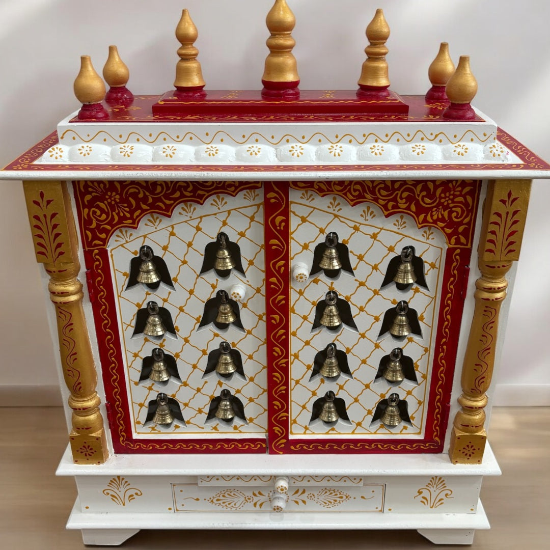 White Temple with Brass Bells & Doors – Urli Utsav Pooja Mandir