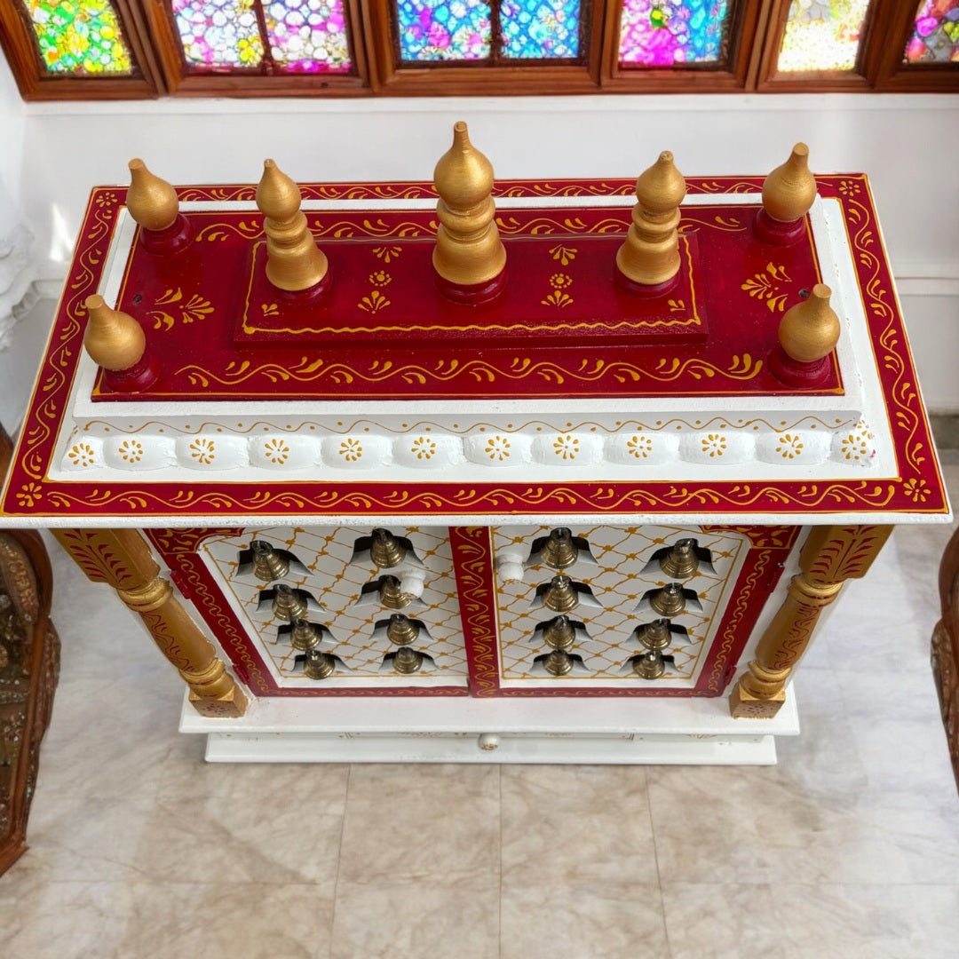 White Temple with Brass Bells & Doors – Urli Utsav Pooja Mandir