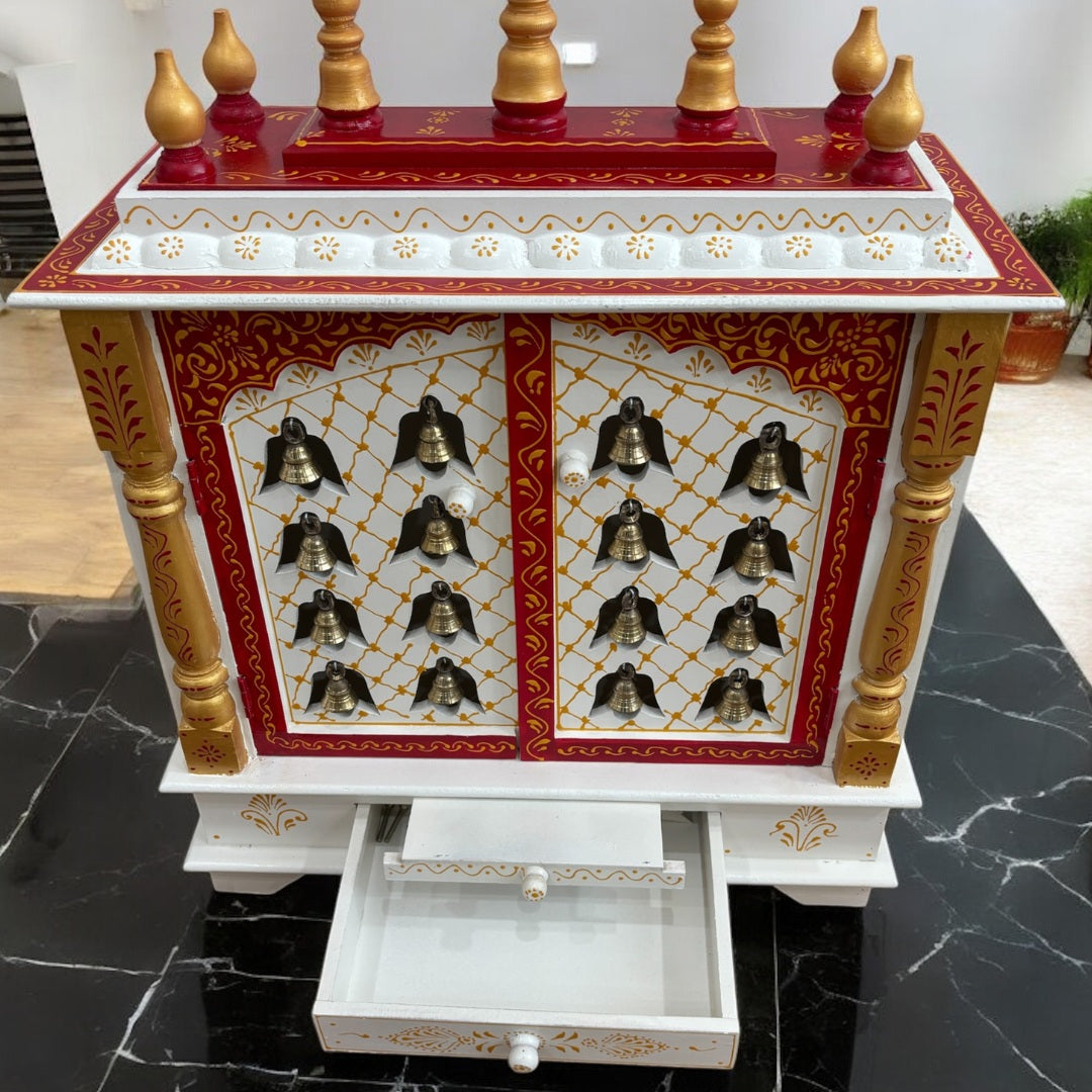 White Temple with Brass Bells & Doors – Urli Utsav Pooja Mandir