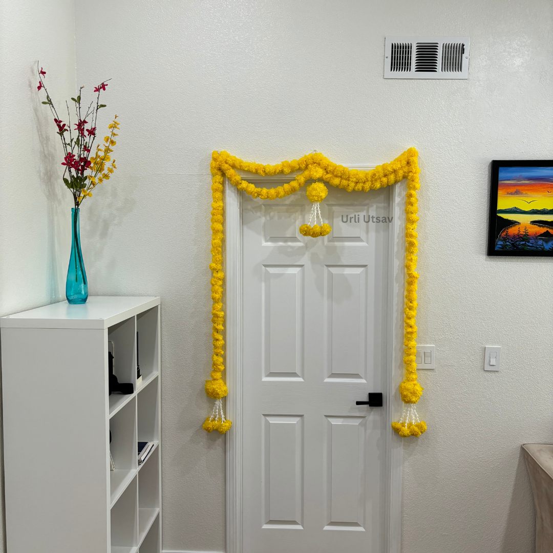 Marigold beaded toran as Diwali Ganesh Chaturthi wedding decor – vibrant Indian door bandhanwar