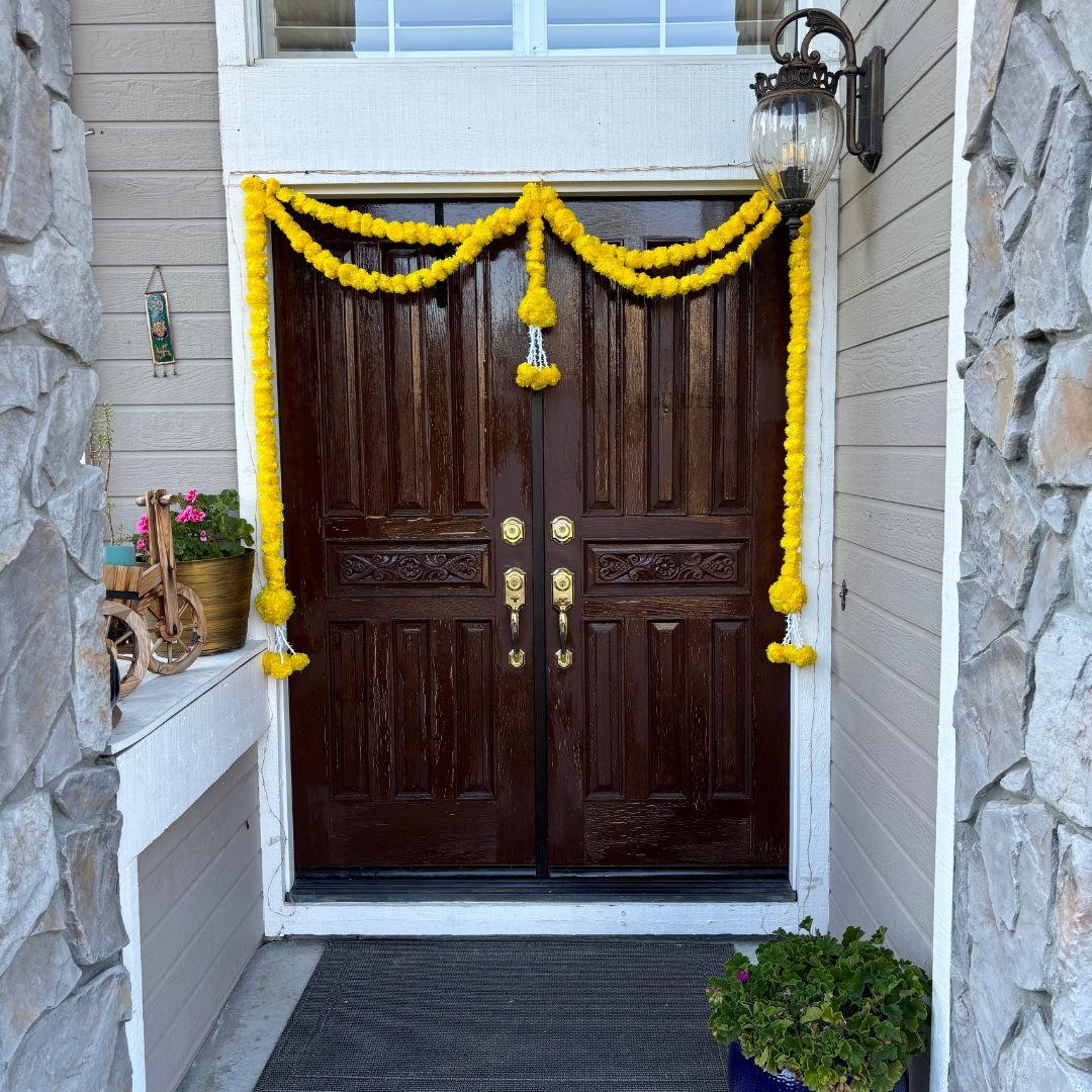 Yellow marigold and colorful bead ball toran bandhanwar – Indian door decoration for Diwali USA