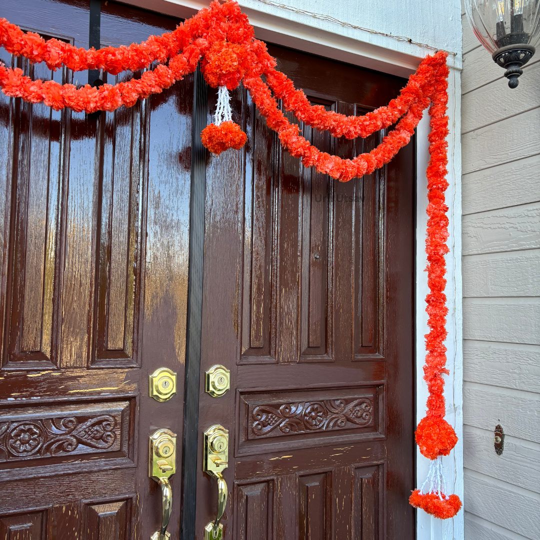 Orange marigold beaded ball toran bandhanwar – handmade Indian festive door hanging Diwali decor